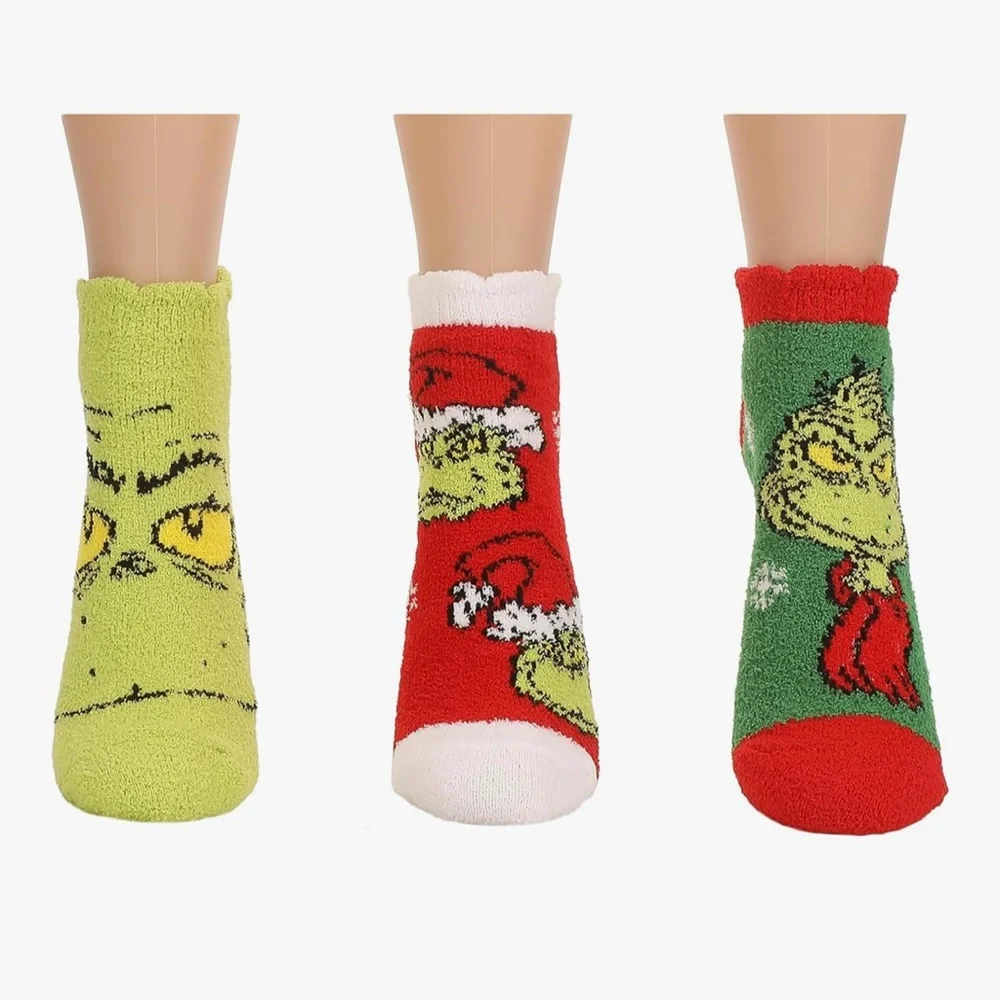 🆕 The Grinch AOP Big Face Womens Cozy Ankle Socks 3 Pack